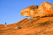 Petra filming on huge granite rocks w colorful lichens
