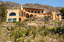 Cocagne house : lower garden w watsonia flowers + house
