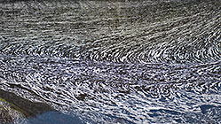 mountain stream covered with stripes of foam