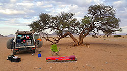 land cruiser at campsite near camelthorn tree
