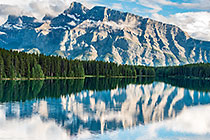 mountains & pine tree forest reflection in lake