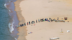 chain of people carrying fish baskets from boat on beach