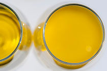 olive oil in glasses : just after separator and last filter (with sediment) & after resting (translucent)